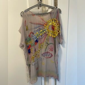 Grey Silk Top with Drawstring Waist decorated with Beaded Prints and Ribbons